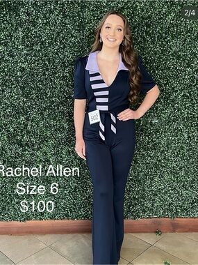 Rachel Allan Navy Jumpsuit with Lavender Trim and Striped Tie